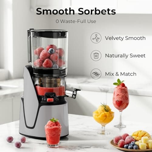 EanOruus Juicer Machines, 3-in-1 Cold Press Juicer with 6.5" Extra Large Chute, 100oz Large Capacity, AC Motor, Makes Juice, Nut Milk & Sorbet, Silver Gray 9