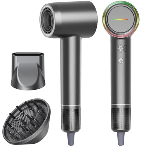 Hair Dryer, High Speed Powerful Negative Ionic Blow Dryer with 160000 RPM Brushless Motor for Fast Drying, Professional Low Noise Hairdryer with Diffuser and Nozzle, 4 Temps & 2 Speeds (Premium Gray)