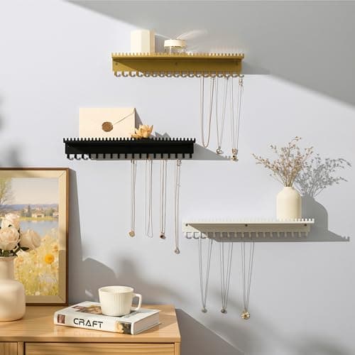 Josmimic Necklace Holder Wall Hanging Organizer: Wall Mounted Jewelry Shelf with 56 Hooks and Tray, Display Hanger for Kids, Girls and Women, White & Metal 9