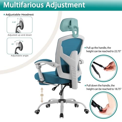 DUMOS Home Office Desk Chair with Footrest, High-Back Mesh Rolling Swivel Reclining Chairs with Wheels, Comfortable Headrest, Lumbar Support, Comfy Arms for Home, Office, Gaming, Student, Blue 5