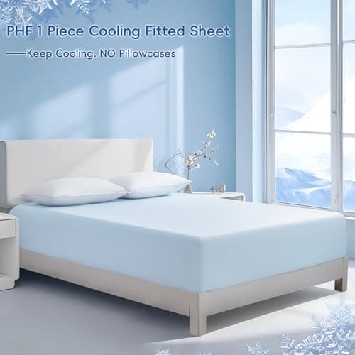 PHF Luxury Cooling Fitted Sheet King Size for Spring Summer, Breathable Q-Max > 0.47 Widen 18" Deep Pocket Silky Bottom Sheet for Hot Sleeper Night Sweats, Ice Blue 9