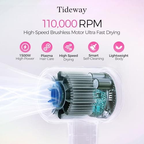 Tideway Hair Dryer Professional High-Speed Ionic Blow Dryer 110,000 RPM, Compact Hair Dryer with Magnetic Diffuser, Fast Drying with Brushless Motor Low Noise Smart Temperature Control-H11 7