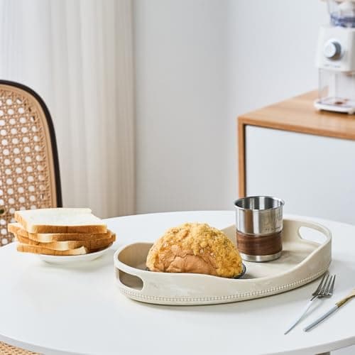 Beige Travertine Marble Serving Tray with Handles - 14x10 inches, Beaded Oval Decorative Tray, Countertop Ottoman Tray for Vanity, Living Room Entryway Table, Perfume Candle Display 6