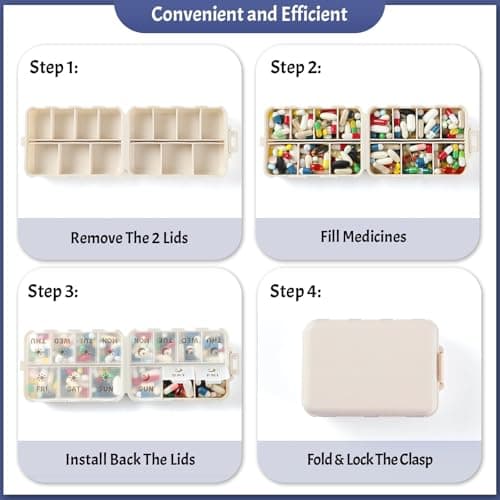 NEW Foldable & Double Protection Portable Weekly Pill Organizer 2 Times A Day with Etched Labels, AM PM 7 Day Week Medicine Box, Daily Travel Pill Case Holder Dispenser for Vitamin, Supplement - Khaki 5