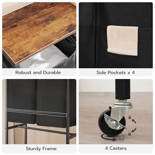 HOOBRO Laundry Sorter, Laundry Basket with Wheels, 52 Gal (198L) Rolling Laundry Hamper, 2 Tier Laundry Cart with 4 Removable Oxford Fabric Laundry Bags, Rustic Brown and Black BF71XY01 8