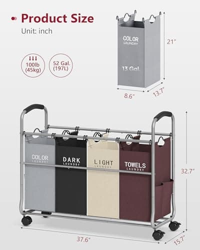 Tajsoon Laundry Sorter 4 Sections, Laundry Separator Hamper with Heavy Duty Lockable Rolling Wheels, Laundry Divider with Removable Bags for Dirty Clothes Storage, 4 Colors 7