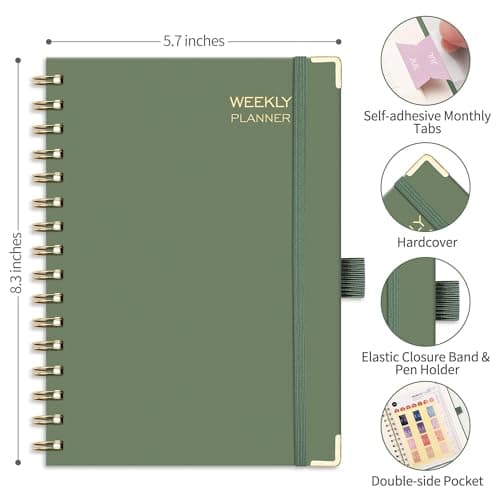 RETTACY Undated Planner, Weekly and Monthly, 53 Weeks and 12 Months, Medium Size (5.7" x 8.3"), 24 Self-adhesive Monthly Tabs, Hardcover, 100 GSM Thick Paper, Spiral-bound (Light Green) 4