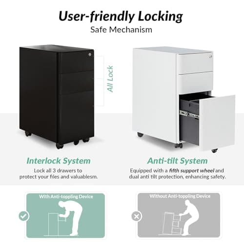 EcoHarbor Living 3 Drawer Small File Cabinet with Lock, Metal Filing Cabinets for Home Office, Anti-Tilt Rolling and Under Desk Cabinet for Letter/Legal/A4 File, Pre-Assembled, Black 6