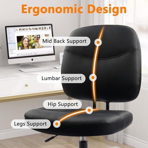 CLATINA Armless Home Office Chair, Small PU Leather Ergonomic Low Back Desk Chair with Lumbar Support and Wheels, Adjustable Height 360° Swivel Rolling Computer Task Chair, Black 3