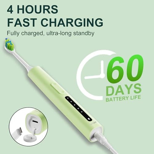 7AM2M Sonic Electric Toothbrush for Adults and Kids, 40000VPM Power Toothbrushes, Fast Rechargeable with 4 Brush Heads, 5 Modes, 2 Minutes Built in Smart Timer, One Charge for 60 Days (Green) 4