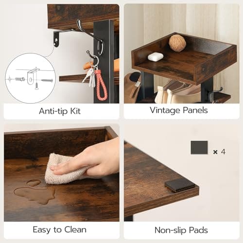 HOOBRO Vertical Shoe Rack for Front Door Entryway, 7 Tier Wooden Shoe Storage Organizer with Hooks, Narrow Shoe Tower for 7 Pairs, Space Saving, for Corner, Closet, Bedroom, Rustic Brown BF61XJ01 6