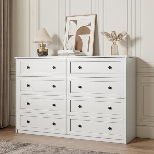 ROMMAK 8 Drawer Double Dresser for Bedroom, 55.1" Wide Dressers & Chests of Drawers with Large Capacity Storage,White Dresser for Bedroom, Hallway,White