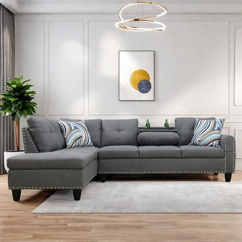 ChicFurnit L Shaped Sectional Couch, Modern Nailhead Lounge Sofa, Modular Sectional Sofa with Reversible Cup Holder & Chaise for Living Room Apartment Office Furniture Sets, Grey