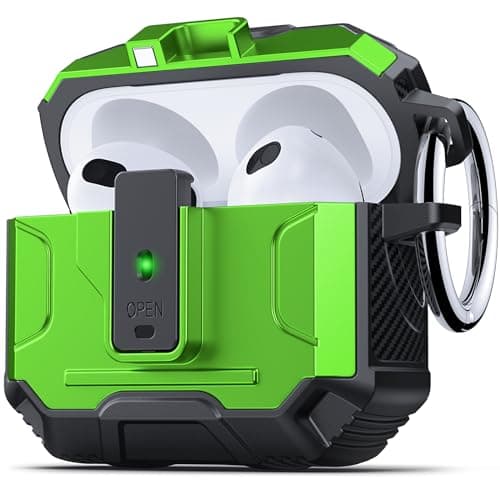 DASFOND Armor Cover Airpods 3 Generation Case, Military Grade Full Body Shockproof Protection Hard Case, Support Wireless Charging with Keychain, Magnetic Lid, Front LED Visible, Grass Green