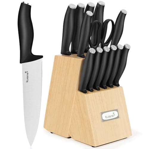 Kuisine Kitchen Knife Set,High Carbon Stainless Steel Ultra Sharp Blade Ergonomic Handle,Knife Set with Block Built-in Sharpener(15PCS,Black)