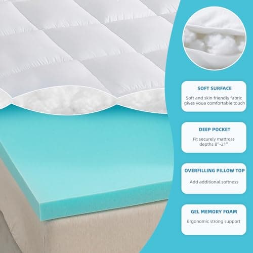WhatsBedding King Size Dual Layer 4 Inch Memory Foam Mattress Topper,2 Inch Gel Memory Foam and 2 Inch Pillow Top Mattress Pad Cover 6