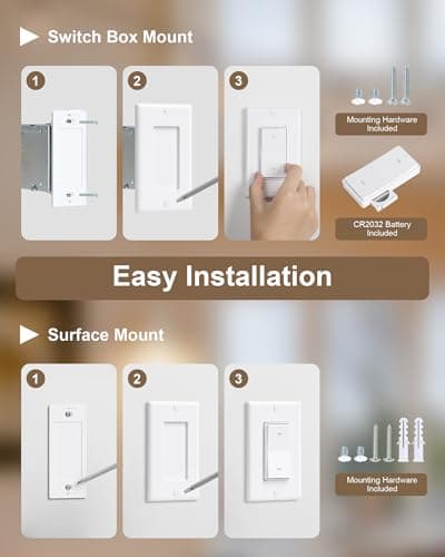 Wireless Light Switch and Receiver Kit, Decorator Rocker Wall Switch, 15A High Power, 200FT Long Range RF Remote Control, No in-Wall Wiring, Programmable & Expandable for Ceiling Light, Fans, Lamps 7