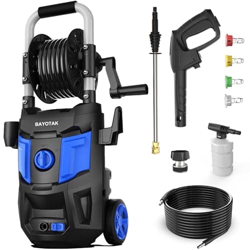 BAYOTAK Electric Pressure Washer, 5200 PSI Max 3.4 GPM, High Pressure Cleaning Machine with Foam Cannon, 35 FT Power Cord, 20 FT Hose, 4 Connect Nozzles Hose Reel for Cars/Patio/Garage