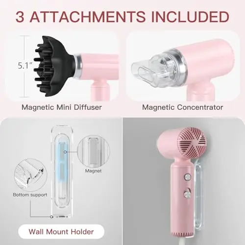 Webeauty Mini Hair Dryer with Diffuser, 110,000RPM High-Speed Motor, 200M Negative Ions Protect, 3-Temp & 2-Speed Settings, Lightweight Travel-Friendly Blow Dryer with Magnetic Attachments (Pink) 5