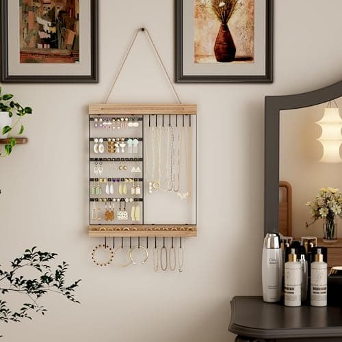 Feyejade Hanging Jewelry Organizer, 5-Tier Wall Earring Holder with Wooden Ring Groove, Jewelry Rack Wall Mounted for Earrings, Necklaces, Bracelets and Rings, Jewelry Holder Stand, Black 9