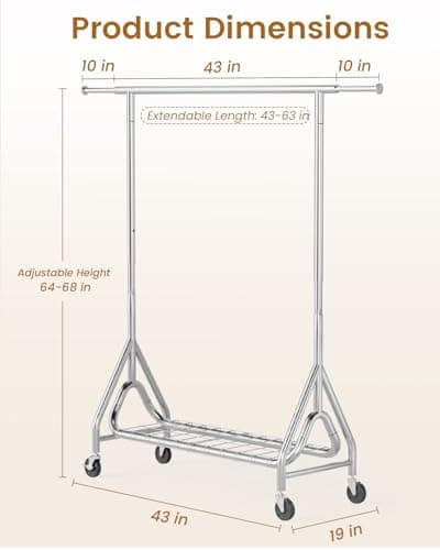 JIEJIERUI Heavy Duty Clothing Rack, Metal Clothes Rack Load 450 LBS, Rolling Coat Racks for Hanging Clothes with Lockable Wheels, Wardrobe Closet Garment Racks for Bedroom, Silver 6