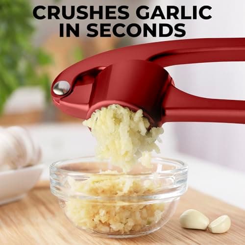 Zulay Kitchen Large Premium Garlic Press Set - Bigger Bowl for Bigger Garlic - Rust Proof & Dishwasher Safe Garlic Mincer Tool - Easy-Squeeze, Easy-Clean Silicone Garlic Peeler & Brush (Red) 5