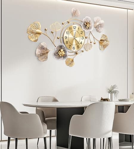 JXQXYN Clocks for Living Room, Large Wall Clock, 3D Silent Wall Clock, Retro Metal Ginkgo Leaf Design, for Bedroom Kitchen Decorative Wall Clocks（32''x18'' ） 5