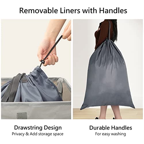 WOWLIVE 100L Laundry Hamper with Lid, Large Foldbale Laundry Basket with 2 Removable Bags and Handles, Tall Collapsible Dirty Clothes Hamper for Laundry Room, Bathroom, Dorm (Grey) 5