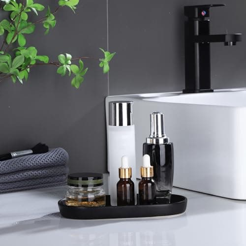 Eyrozia Matte Black Round Soap Dispenser Tray - 8'' Ceramic Vanity Tray for Bathroom Decorative, Jewelry Ring Dish, Comestic Holder, Kitchen Sink Countertop Organizer Plate 6