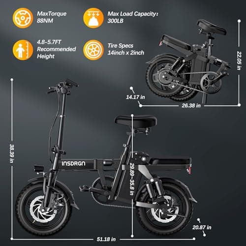 INSDRGN 14" Folding Electric Bike for Adults, Peak 1500W Motor,20MPH Max Speed,48V 16Ah Removable Battery Electric Bike, 35/62Miles Max Range, UL 2849 Certified E Bike 7