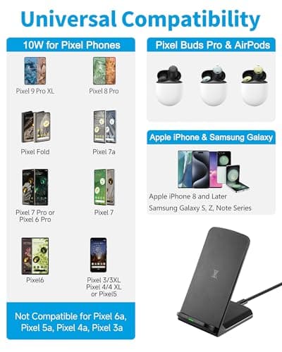 XMANA Wireless Phone Charger for Google Pixel 3 4 XL 5 6 7 8 9 Pro Android & iPhone 16-15W Fast Qi Wireless Charging Station for Samsung Galaxy S25 S24 S23 S22 Z Flip Fold OnePlus (Black) 6