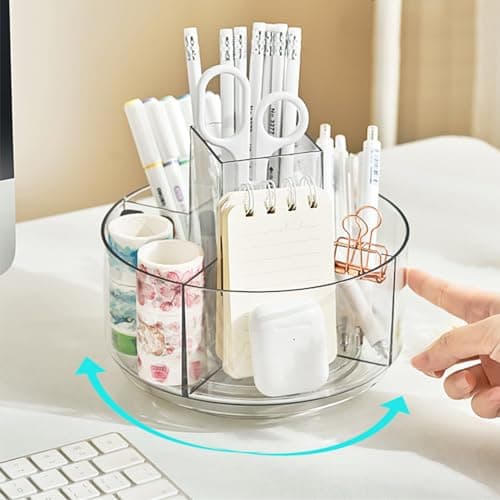 JIKIOU Acrylic Pen Holder, 360-Degree Rotating Pen Holder for Desk, Clear Desk Organizers and Accessories with 5 Compartments Pencil Organizer, Art Supply Storage Box Caddy for Office, Home 7