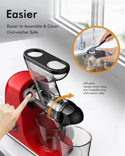 SIFENE Cold Press Juicer Machine, Mini Slow Masticating Juicer with Dual Feed Chute, Compact Electric Juice Extractor for Celery Ginger & Fruit, Easy Clean, Red 6
