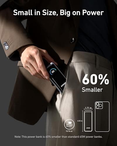 Anker Prime Power Bank, 9,600mAh Battery Pack with 65W Output Wall Charger, Supports PD 3.0 and PPS, 30W Fast Recharging, Sleek Portable Charger for MacBook Pro, iPhone 17/16 Series, Galaxy, iPad 5