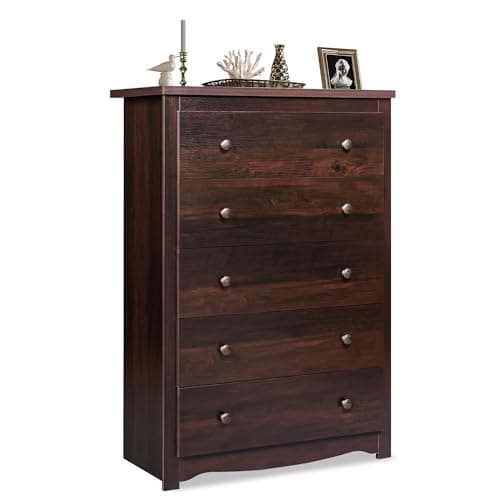 WLIVE Wood Dresser with 5 Drawers, 45" Tall Dresser for Bedroom, Chest of Drawers, Storage Cabinet and Organizer Drawers for Living Room, Hallway, Closet, Rustic Brown