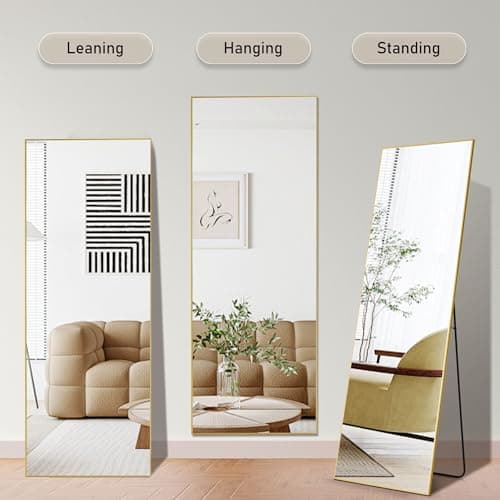 OLIXIS Full Length Mirrorwith Stand, Full Length Mirror for Bedroom, Cloakroom, Living Room, Aluminum Alloy Thin Frame, 64"x21" Large, Floor Standing Tall, Gold 6