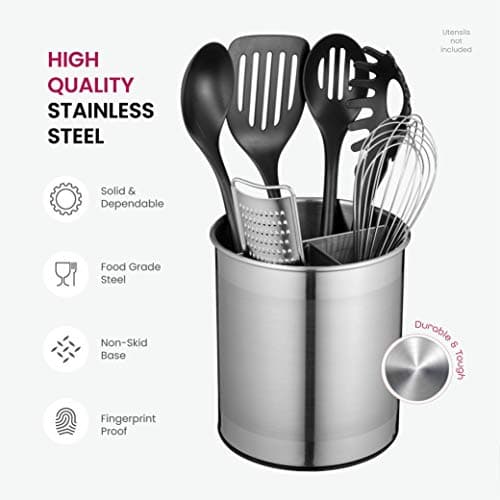 FineDine Rotating Kitchen Utensil Holder for Kitchen Counter - With Weighted Base for Stability, Stainless Steel Cooking Utensil Holder with Removable Divider, Brushed Stainless Steel 5