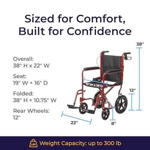 Drive Medical Lightweight Expedition Folding Transport Wheelchair - Ultra Lightweight Mobility Support for Seniors & Adults - Strong Aluminum Frame - Hand Brakes - Compact Folding Travel Chair - Red 7