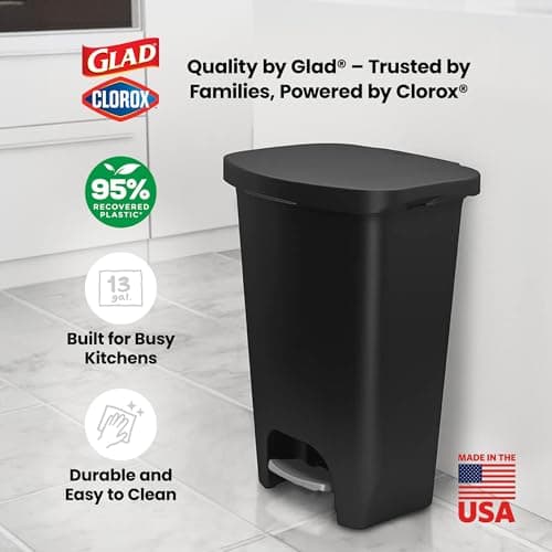 Glad 13 Gallon Trash Can | Plastic Kitchen Waste Bin with Odor Protection of Lid | Hands Free with Step On Foot Pedal and Garbage Bag Rings, Black 6