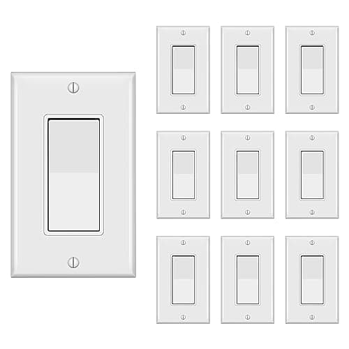 TAKETEK Decorator Switch with Wall Plate, Single Pole Rocker Light Switch, Grounding Screw, Residential Grade, 15A 120V/277V, UL Listed, YX-S001-10PACK, White (10 Pack)