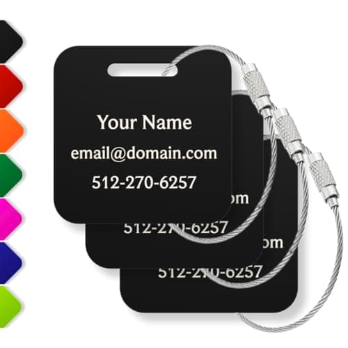 Custom Luggage Tags (3 or 6 Pack) - Personalized Unique Suitcase & Backpack Travel, Durable, Waterproof & Heavy Duty (Black)
