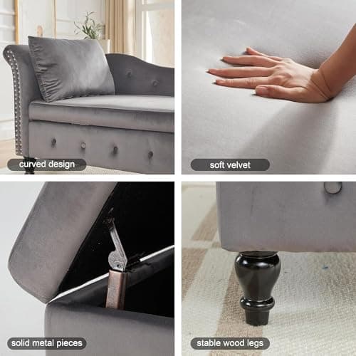 Bellemave Chaise Lounge Indoor with Storage, Upholstered Chaise Lounges Couch with Pillow for Living Room, Modern Nailhead-Trimmed Tufted Lounge Chair, Bedroom and Office（Dark Gray） 6