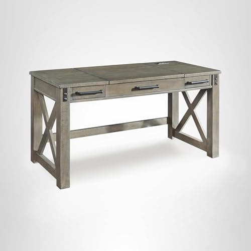 Signature Design by Ashley Aldwin Rustic Farmhouse 60" Home Office Lift Top Desk with Charging Ports, Distressed Gray 10