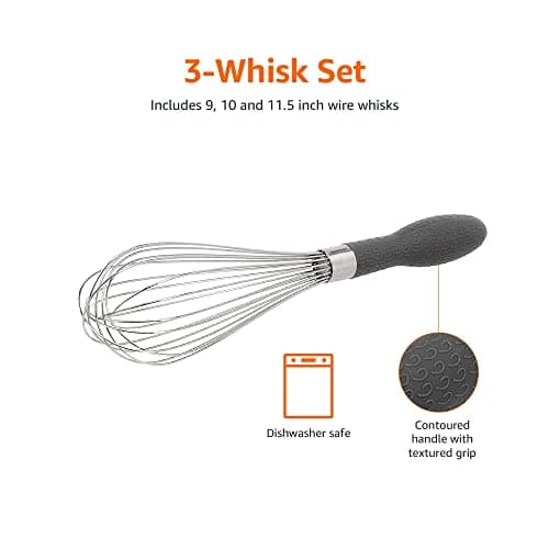 Amazon Basics Stainless Steel Wire Whisk Set for Cooking, Different Sizes, Easy to Hold Ergonomic Handle, 3 Piece, Black/Silver 5