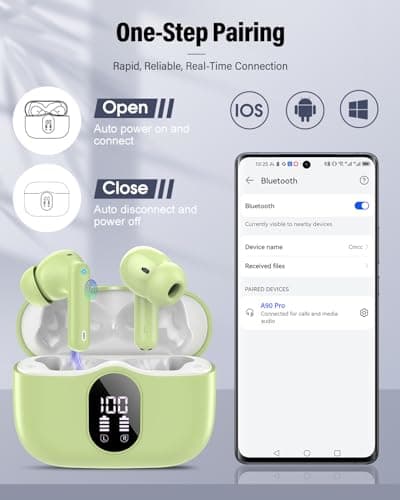 Wireless Earbuds, Bluetooth 5.4 Headphones Bass Stereo, Ear Buds with Noise Cancelling Mic, IP7 Waterproof in Ear Earphones, 36H LED Display Bluetooth Earbuds for Laptop Pad Phones Sports, Grass Green 5