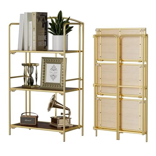 Crofy No Assembly Folding Bookshelf for Living Room, 3 Tier Gold Collapsible Book Shelf for Home Office, Portable Bookcase Storage Organizer