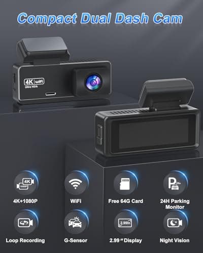 Dash Cam Front and Rear Camera 4k, WiFi Dash Camera for Cars Front and Rear with app, 4k+1080P Car Camera with 64GB Card, 2.99" Screen Dual Dashcam with 24/7 Parking Monitor, Accident Lock 7