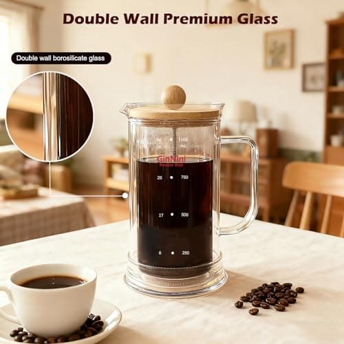 34-Ounce plastic free French Press Coffee Maker, Double Wall Glass coffee press, Stainless Steel Filter and Shaft, Bamboo Knob and Lid, Heat-Resistant tea french press no plastic large tea maker 5