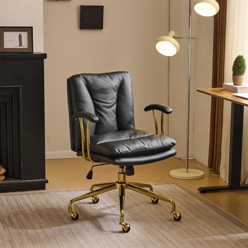VINGLI Home Office Desk Chair Comfy with Wheels & Removable Armrests,Gold Base Vanity Chair with Back, Adjustable Rolling Swivel Computer Task Chair for Study,Makeup,Office,Bedroom,PU Leather,Black