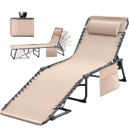 Greesum Chaise Lounge Folding Tanning Chair with 5 Position Adjustable Back, Detachable Pillow & Pocket Outside Pool, Beach, Sunbathing, Beige